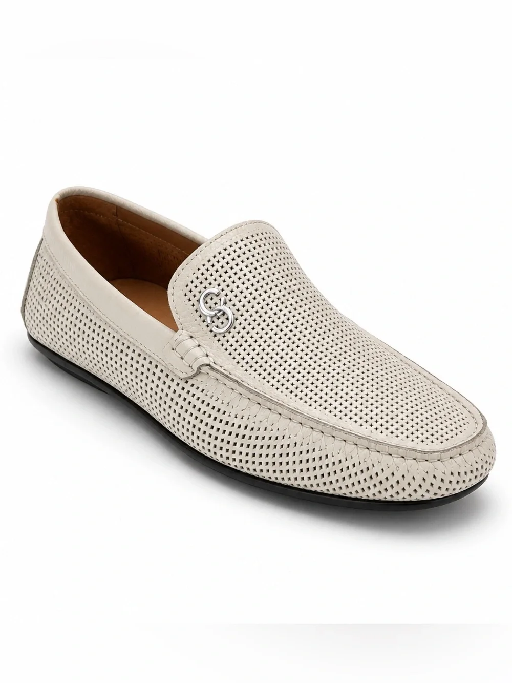 Casadei Men's Off-White Perforated Leather Slip-On Comfort Summer Loafers